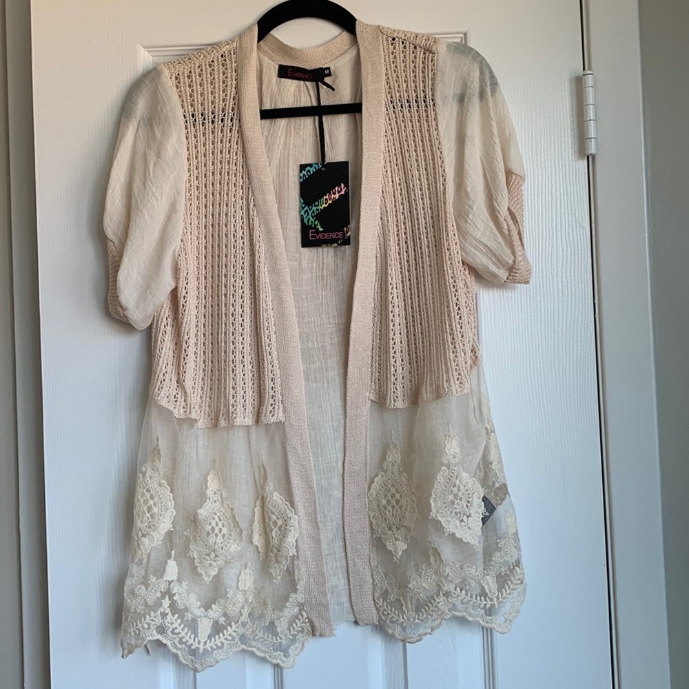 Tan Crochet and Lace Cardigan with Short Puff Sleeves